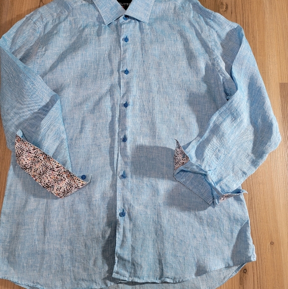 Men's Size X Large Blue Button Down Massuto Dress Shirt Linen Cuffed Print - Picture 2 of 7